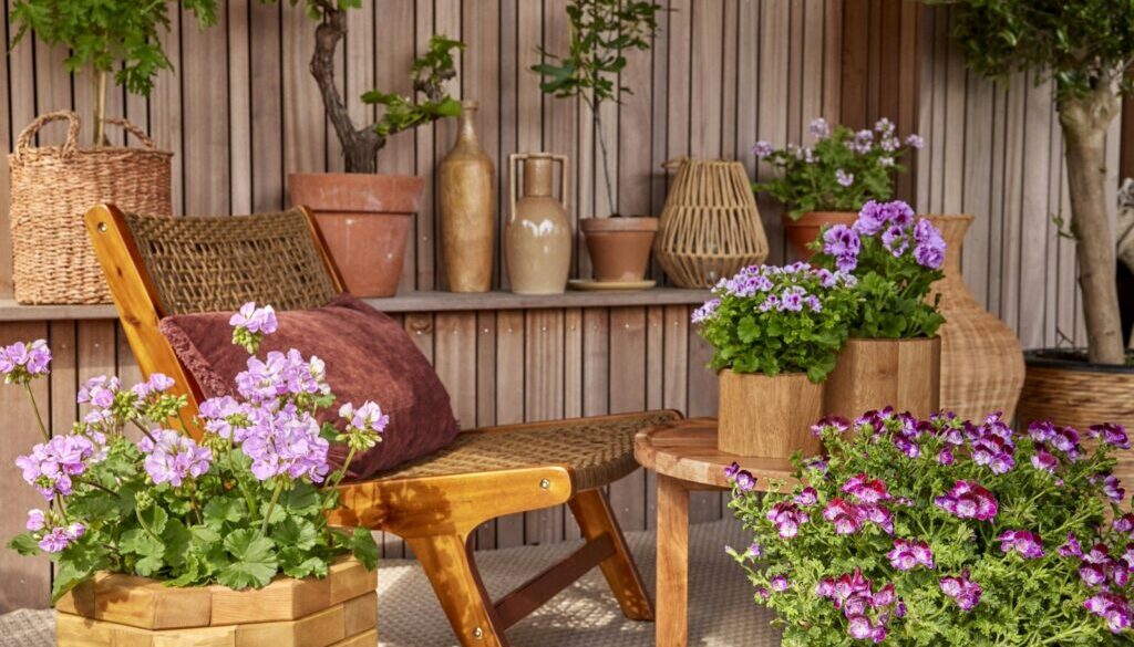 A relaxing outdoor patio with flowers and plants.